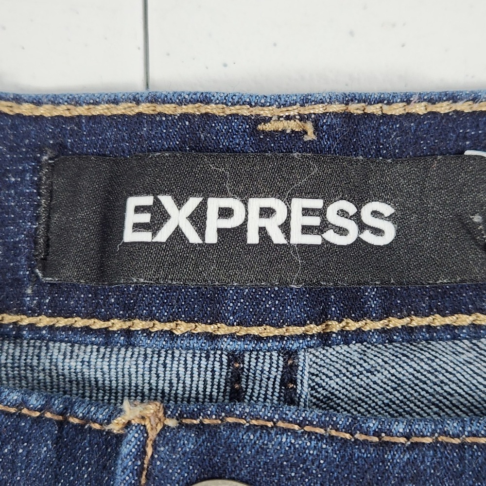 Express Super Skinny Mid Rise Distressed Jeans Dark Wash 10R Stretch Denim - Picture 7 of 10